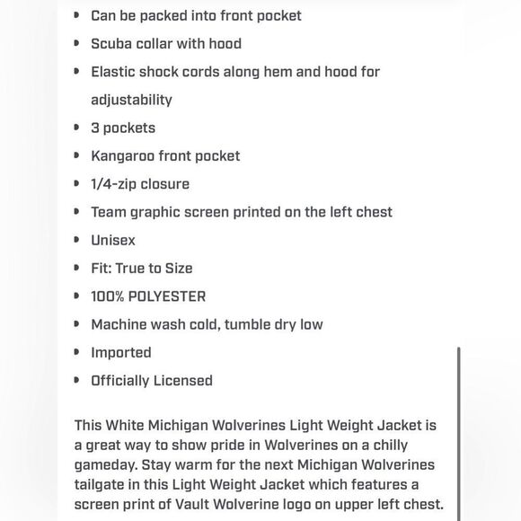 Michigan Wolverine’s White Hooded Jacket by Champion; NWT! Size Large - Picture 7 of 7